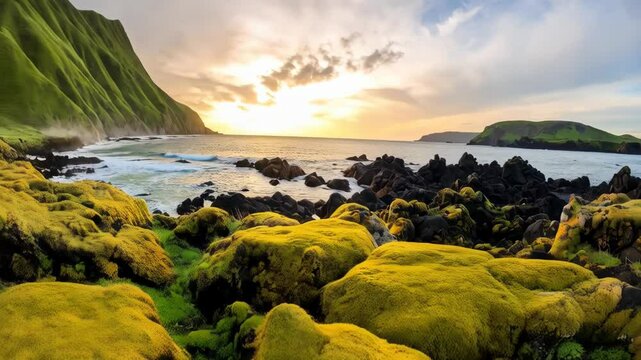 Dramatic seashore scene with dark basalt boulders covered in bright green moss at sunset, distant islands and ocean waves in view.