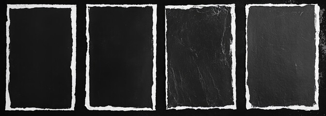 Four rectangular, dark-toned photographic or art negative-style frames with torn paper edges