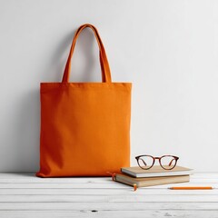 Orange tote bag on white wooden surface with glasses and notebooks