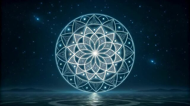 Serene Mandala Glowing Brightly Over Tranquil Water Under a Starry Night Sky Featuring Celestial Design and Sacred Geometry