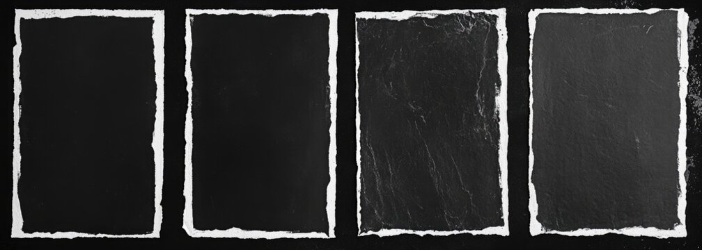 Four rectangular, dark-toned photographic or art negative-style frames with torn paper edges