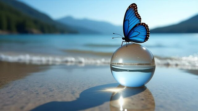 Delicate Blue Butterfly Resting on a Glass Ball Reflecting Water and Sky