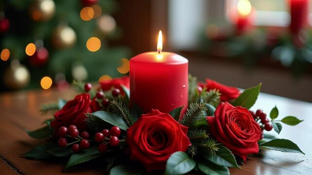 Fourth Advent Christmas Floral Arrangement with a Red Candle and Festive Berries