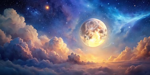 Celestial Dreamscape A Giant Moon Illuminates a Sea of Clouds Under a Starry Night Sky