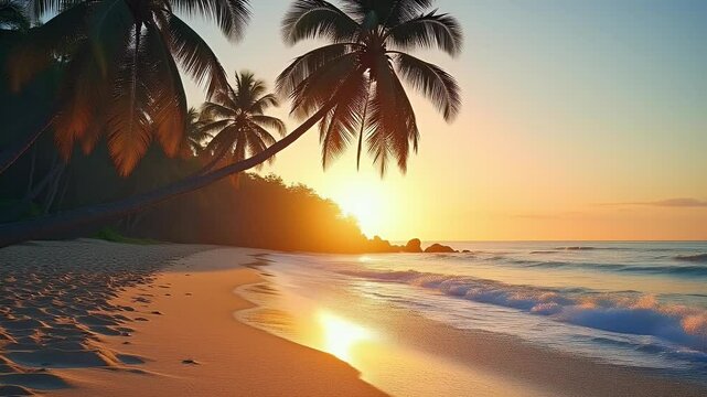 A scenic view of a tropical beach at sunrise, with soft, warm light illuminating the landscape.