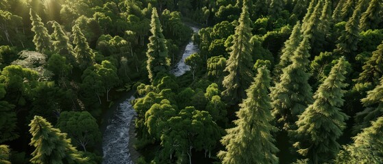 Fototapeta premium aerial view serene woodland scene with towering trees, dappled sunlight filtering through the canopy, and a winding river meandering through the forest floor.