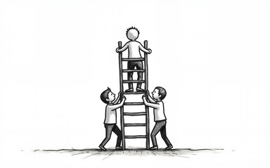 Drawing of people forming a ladder, helping each other climb, symbolizing mutual support. High quality