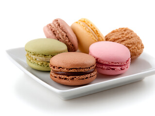 Obraz premium Plate of French Macarons Isolated on A white Background or transparent, png cut out 96011268 1