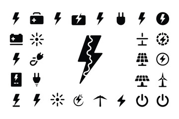 Naklejka premium Electricity and energy icon set. Vector glyph pictograms of lightning bolt, battery, plug, solar panel, wind turbine, power, renewable energy, electrical safety black silhouette illustration.