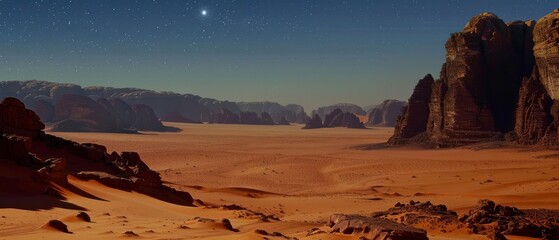 landscape desert with towering sand dunes, rugged rock formations, and endless stretches of arid terrain, illuminated by the soft glow of the moonlight.
