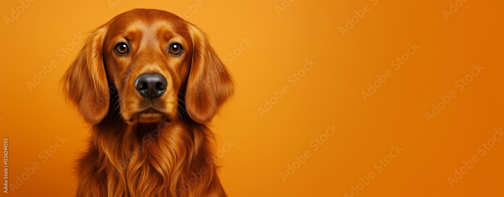 Poster close-up of golden retriever dog with glossy fur and expressive eyes on vibrant orange background wi