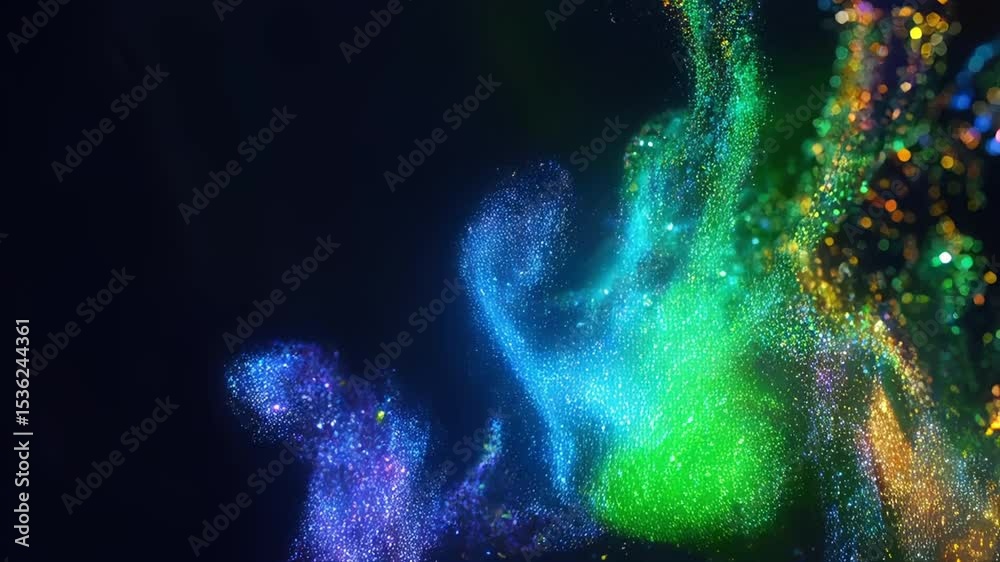 Poster abstract particle flow motion graphics with vibrant colors and dynamic movement on black background