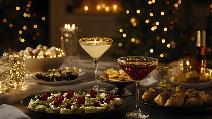 Festive holiday party appetizers and drinks on a table.