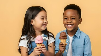 Kids joyfully eating ice cream cones. Diverse children smiling, summertime treat, friendship, sweet dessert, happiness, childhood memories, party, family, advertising, and education.