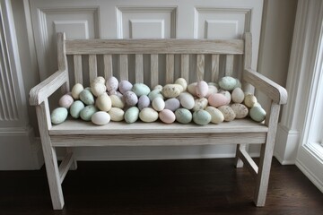 Elegant spring bench with pale pastel eggs