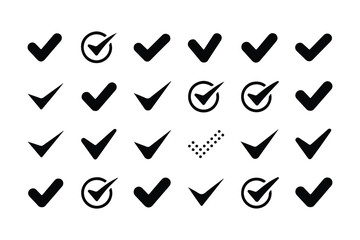 Checkmark, approval icon set. Vector glyph pictograms of validation, certification, confirmation concept, checklists, documents, awards, and security verification black silhouette illustration.