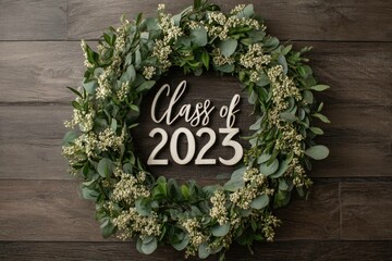 Elegant wreath around "Class of 2025" in script font