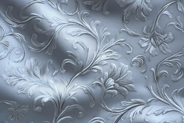 Embossed silver floral motif on satin background