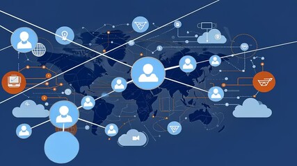 Global network connectivity with user icons and digital elements representing online interactions - Powered by Adobe