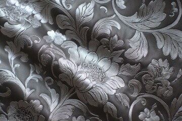 Embossed silver floral motif on satin background