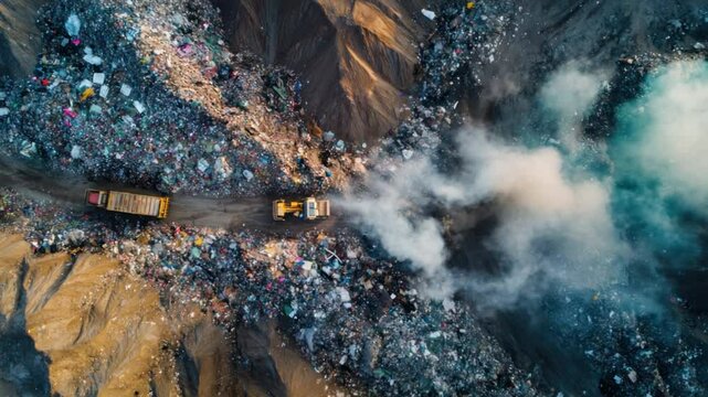 Landfill Waste Management: Aerial view of heavy machinery compacting waste in a landfill, creating a cloud of dust and smoke.