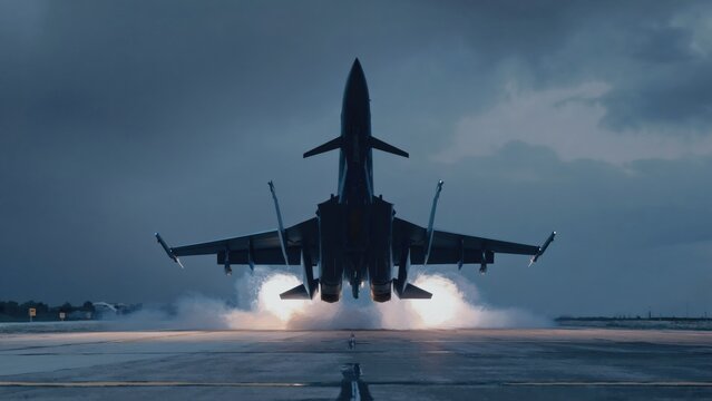 Jet takeoff military airbase action shot dramatic sky ground level aviation power