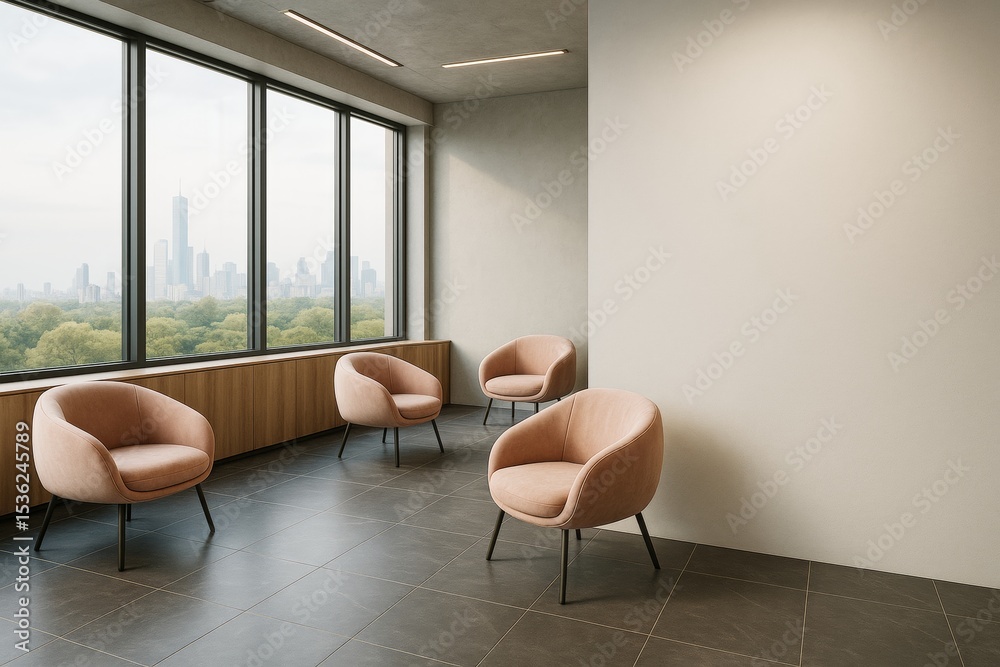 Poster Modern waiting area with pink chairs in bright interior space with large windows and cityscape view in contemporary architectural setting.