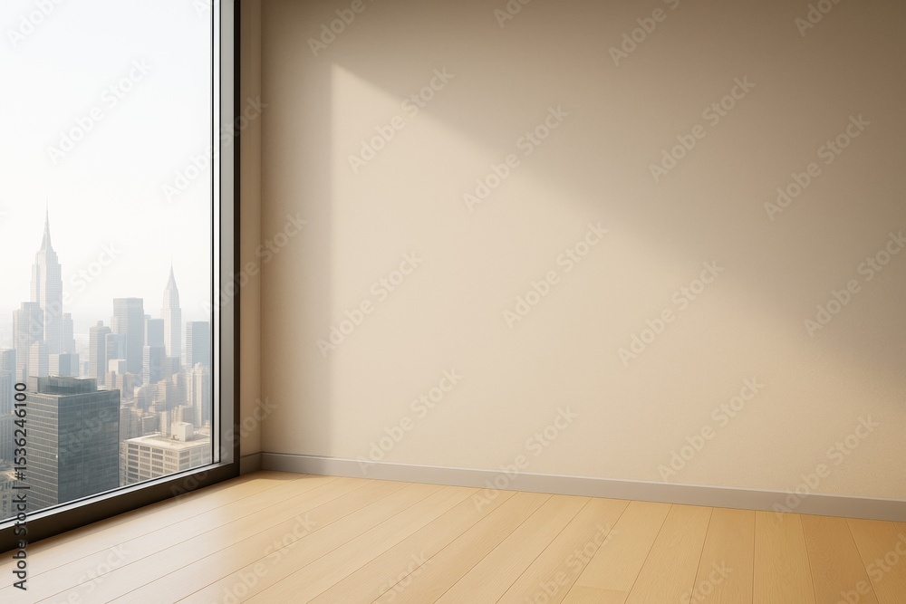 Poster modern empty interior room with wooden floor and large window view of cityscape in daylight, minimal