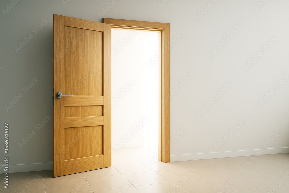 Poster wooden door opening into a brightly lit empty modern room with tiled floor and plain walls in minima