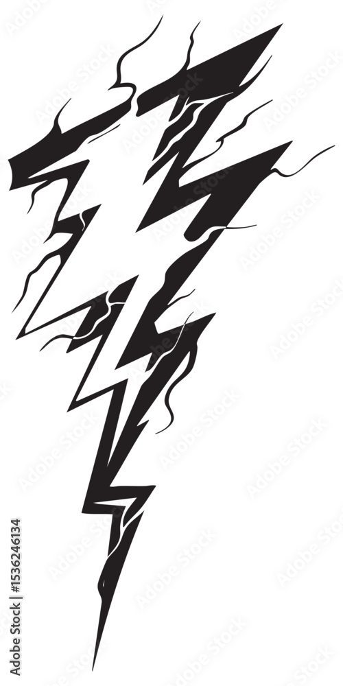 Poster lightning bolt with jagged edges and stylized smoke, dynamic black vector design, energetic and bold