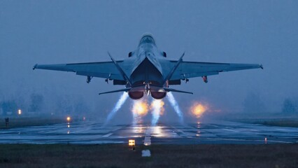 Aircraft taking off at dawn airbase runway industrial environment dynamic viewpoint aviation concept