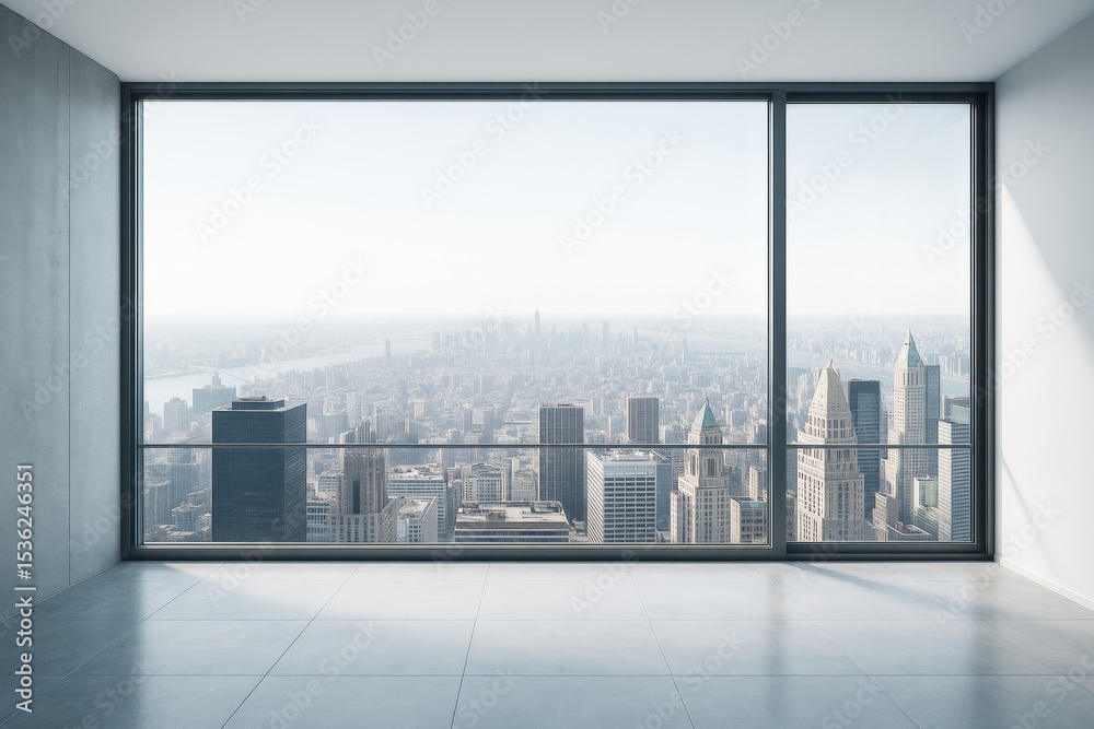 Poster modern empty room with large window overlooking city skyline in soft daylight, showcasing contempora