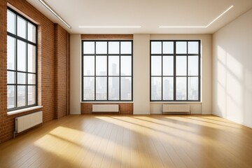 Obraz premium Bright empty modern loft room with large industrial windows, wooden flooring, and brick walls showcasing contemporary urban architecture style.