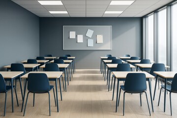 Fototapeta premium Modern empty classroom interior with minimalist furniture, large windows, and soft lighting creating a contemporary and clean academic atmosphere.
