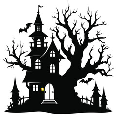 Classic Halloween Silhouette Illustration Featuring Spooky Elements and Traditional Holiday Themes