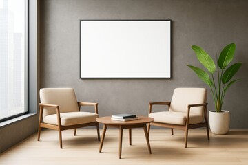 Modern lounge interior with two wooden armchairs, round coffee table, potted plant, and blank mockup frame on gray wall in bright room..