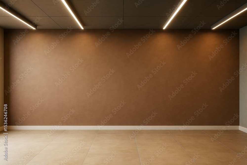Poster minimal modern empty room with brown wall and ceiling lights, ideal for branding, copyspace or inter