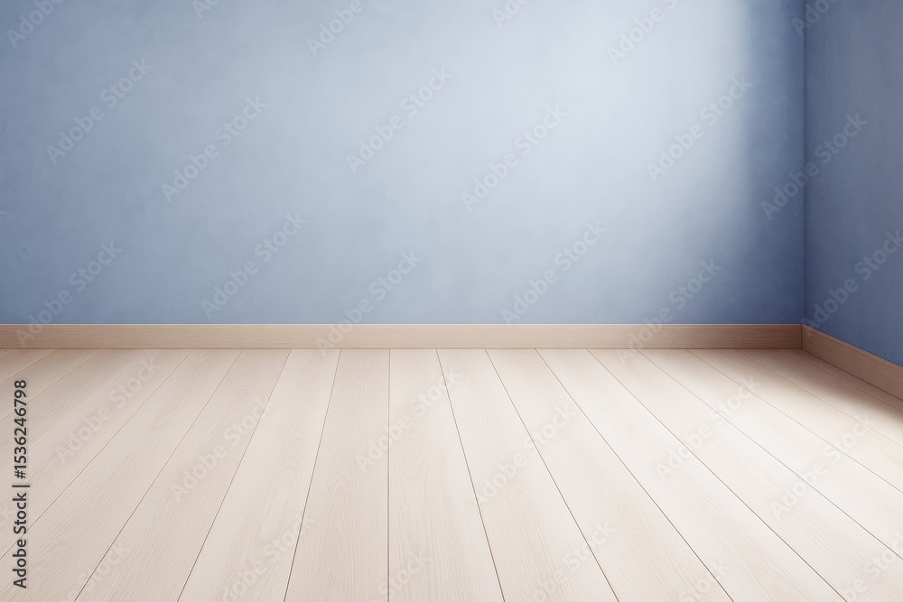 Poster minimalistic empty interior room with light wood flooring and soft blue walls for mockup or branding