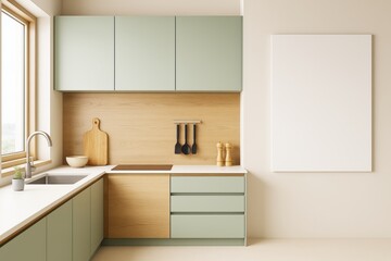Fototapeta premium Modern light kitchen interior with green cabinets, wooden accents and blank canvas on wall for mockup or branding in contemporary home decor.