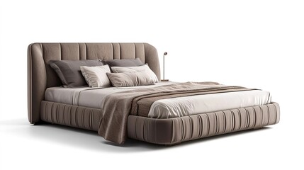 A modern, upholstered bed with plush pillows and a soft blanket, designed for comfort and contemporary bedroom aesthetics.