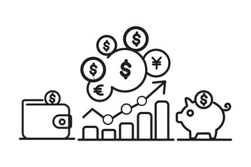 Finance line icon set. Vector pictograms of money, wallet, banking tools, currency symbols, investment chart, financial services, piggy bank, dollar thin linear illustration.