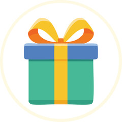 Vector Illustration of a Whimsical Cartoon-Style Gift Box with Red Ribbon, Golden Bow, and Blue-Green Color Palette in a Cheerful, Minimalist Design

