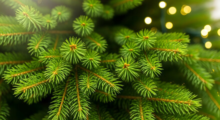 Fir Tree Branch with Bokeh Lights