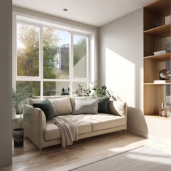 Fototapeta premium Clean living space with a comfortable sofa, minimalist decor, and bright natural light.