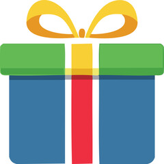 Vector of a Simplified Present Box with Bold Red Ribbon, Vibrant Green Top, and Soft Blue Bottom in a Flat Cartoon Style