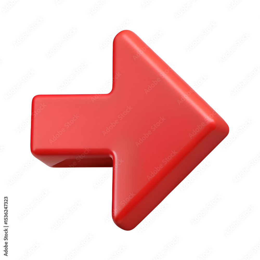Fototapete a 3d rendered bright red arrow pointing right against a simple stark white background isolated on tr