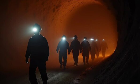 Silhouettes of miners walking in glowing underground tunnel  
