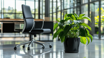Minimalist office corner with ergonomic chair and plant, conveying modern simplicity and calm productivity.