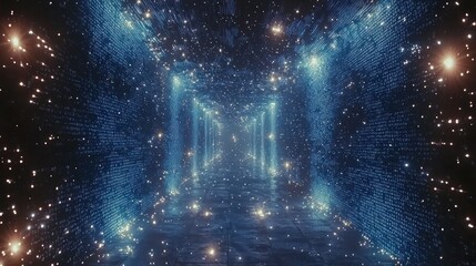Cosmic tunnel of glowing blue crystals