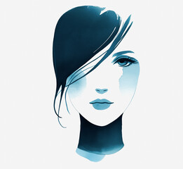 Stylized Watercolor Illustration of a Female Face Showcasing Elegance and Emotion Through Soft Blue Tones and Minimalistic Design